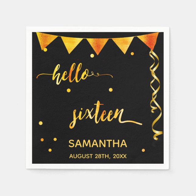 Sweet 16 black gold name party napkins (Front)