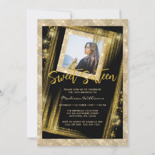 Sweet 16 Black Gold Sparkle Glitter Custom Photo Invitation