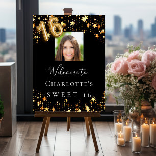 Sweet 16 black gold stars photo welcome foam board