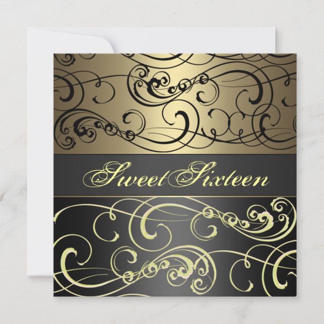 Sweet 16 Black/Gold Swirl Birthday Invitation (Front)