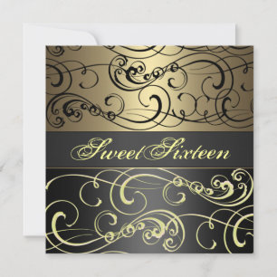 Sweet 16 Black/Gold Swirl Birthday Invitation