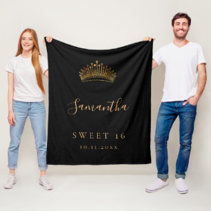 Sweet 16 black gold tiara crown name fleece blanket