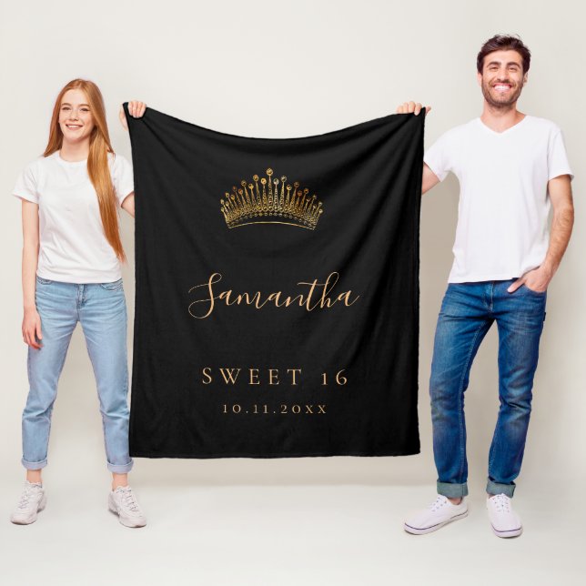 Sweet 16 black gold tiara crown name fleece blanket (In Situ)