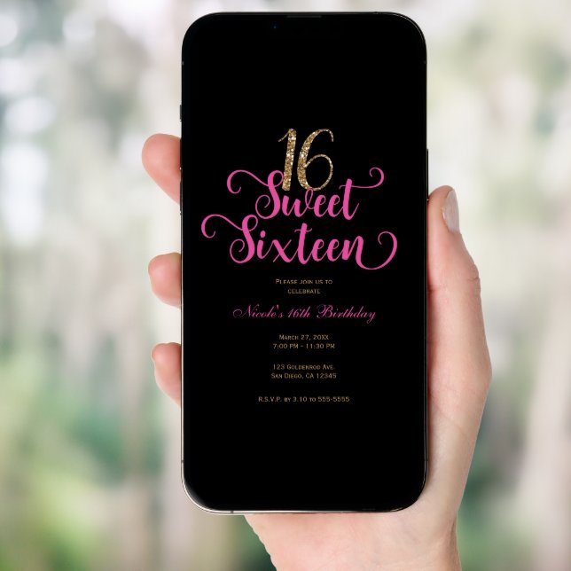 Sweet 16 Black Hot Pink Gold Glitter Birthday Invitation (Front Digital)