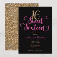 Sweet 16 Black Hot Pink Gold Glitter Birthday