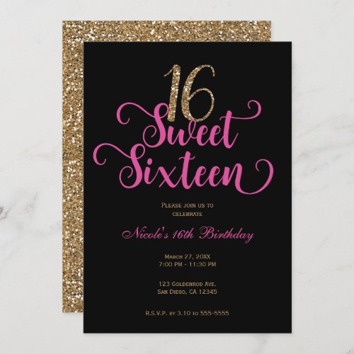 Sweet 16 Black Hot Pink Gold Glitter Birthday Invitation