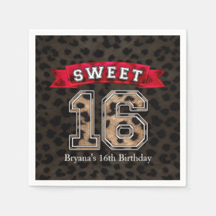 Sweet 16 Black & Leopard Print Party Paper Napkins