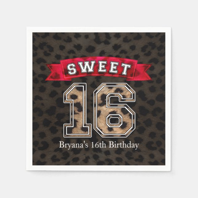 Sweet 16 Black & Leopard Print Party Paper Napkins (Front)
