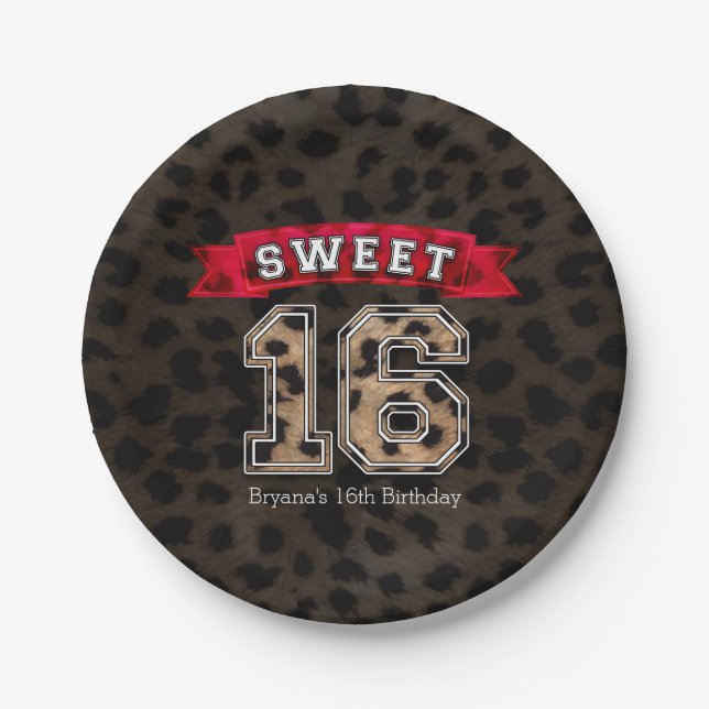 Sweet 16 Black Leopard Print Party Paper Plates (Front)