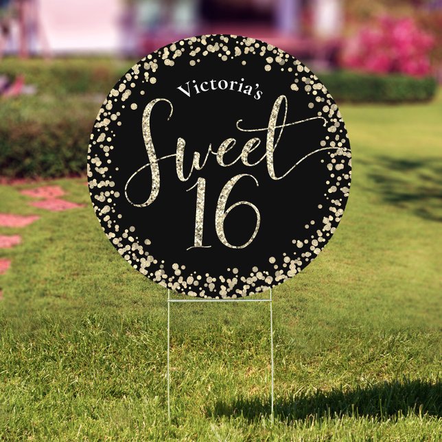 Sweet 16 Black Modern Gold Glitter Birthday Yard Sign (Creator Uploaded)