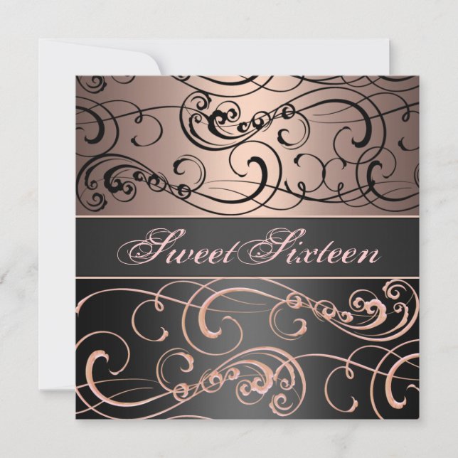 Sweet 16 Black/Peach Swirl Birthday Invitation (Front)