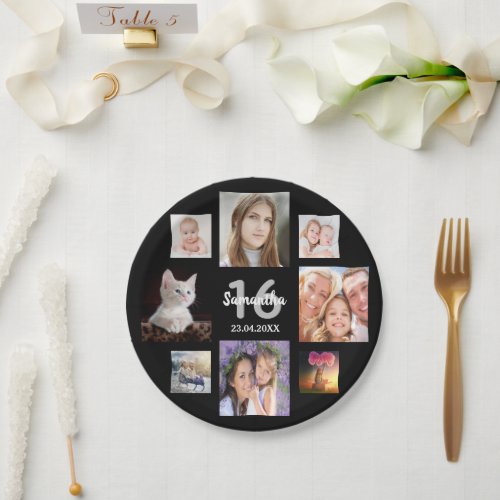 Sweet 16 Black photo collage Paper Plates