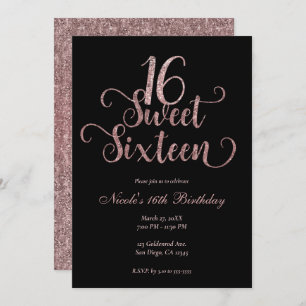 Sweet 16 Black & Pink Glitter Birthday Party Invitation