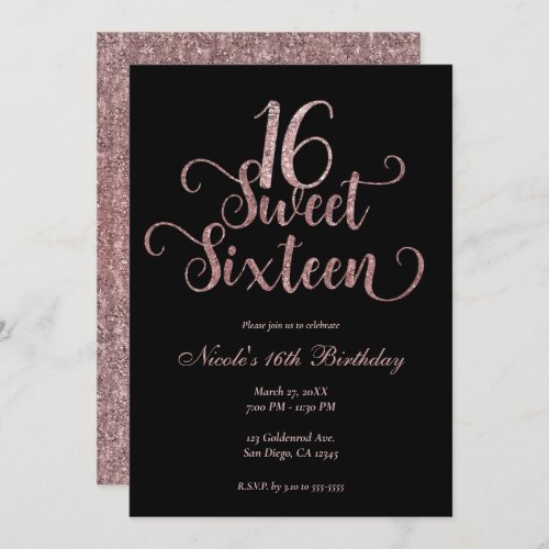 Sweet 16 Black  Pink Glitter Birthday Party Invitation