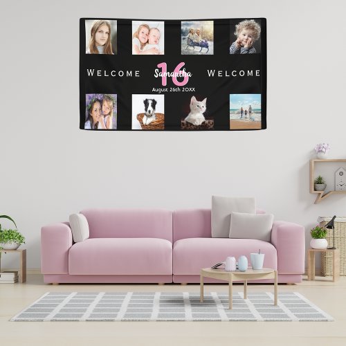 Sweet 16 Black pink party photo collage girl Banner