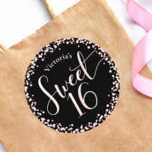 Sweet 16 Black Pink Rose Gold Glitter Dot Birthday