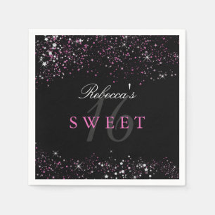 Sweet 16 Black Pink Sparkle Glitter Napkins