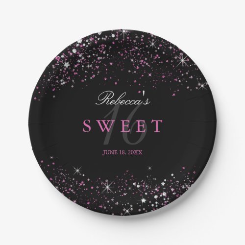 Sweet 16 Black Pink Sparkle Glitter Paper Plates