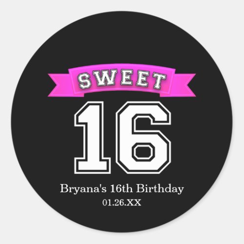 Sweet 16 Black  Pink Sports Birthday Party Classic Round Sticker