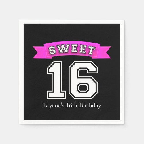 Sweet 16 Black  Pink Sports Birthday Party Napkins