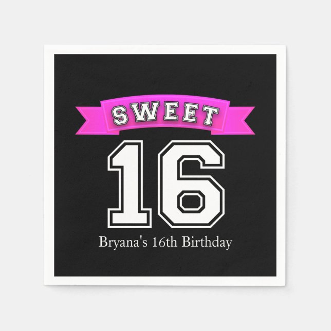 Sweet 16 Black & Pink Sports Birthday Party Napkins (Front)