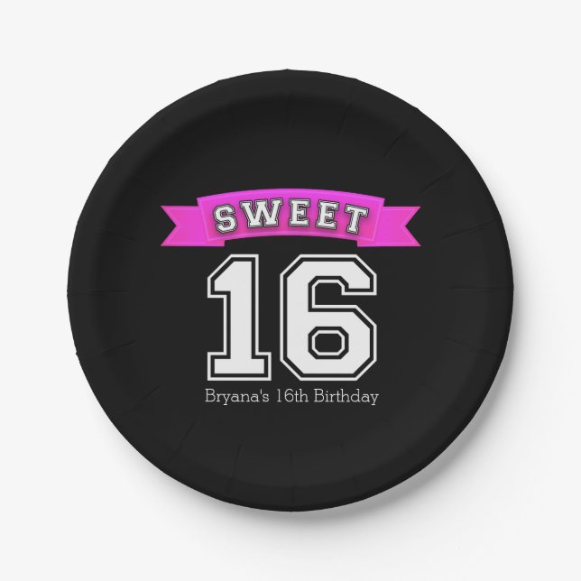 Sweet 16 Black & Pink Sports Birthday Party Paper Plates (Front)