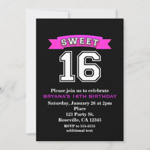 Sweet 16 Black & Pink Sports & Leopard Print Party Invitation