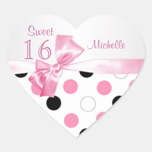 Sweet 16 black,pink, white polka dots heart sticker