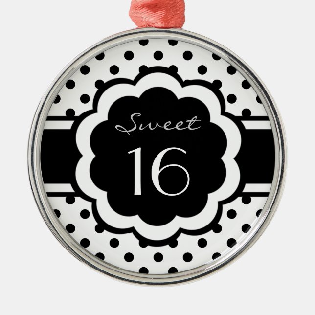 Sweet 16 Black Polka Dot Metal Ornament (Front)