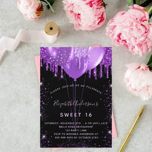 Sweet 16 black purple glitter balloons glamorous invitation