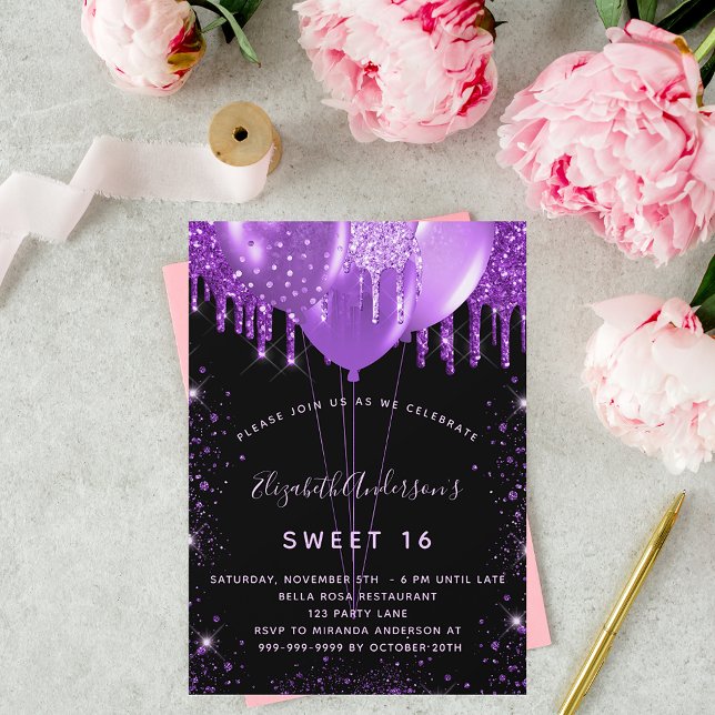 Sweet 16 black purple glitter balloons glamorous invitation (Creator Uploaded)