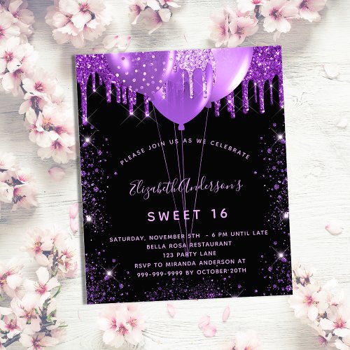 Sweet 16 black purple glitter balloons glamorus invitation postcard