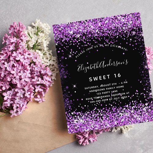Sweet 16 black purple glitter budget invitation flyer