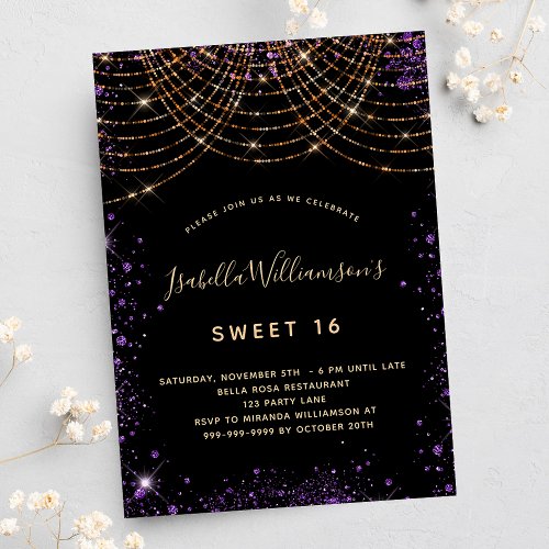 Sweet 16 black purple glitter dust gold birthday invitation