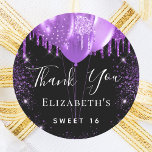 Sweet 16 black purple glitter name thank you classic round sticker<br><div class="desc">A chic black background. Decorated with purple faux glitter drips,  paint dripping look, glitter dust and balloons.  Personalize and add a name.</div>