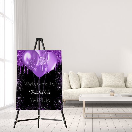 Sweet 16 black purple glitter welcome balloons foam board