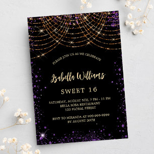 Sweet 16 black purple gold glitter glamorous invitation postcard