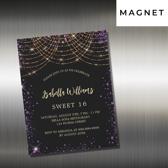 Sweet 16 black purple gold glitter glamorous magnetic invitation (Creator Uploaded)