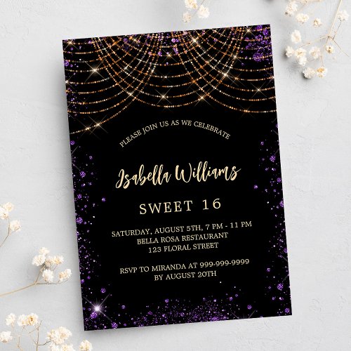Sweet 16 black purple gold glitter luxury invitation