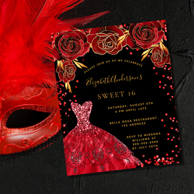 Sweet 16 black red dress budget invitation flyer | Zazzle