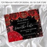 Sweet 16 black red dress budget save the date<br><div class="desc">A girly and trendy Save the Date card for a Sweet 16, 16th birthday party. A black background decorated red roses, red faux glitter sparkles and a red dress. Personalize and add a date and name/age. The text: Save the Date is written with a large trendy hand lettered style script....</div>