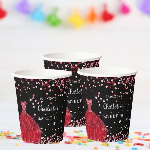 Sweet 16 black red dress confetti name paper cups