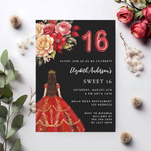 Sweet 16 black red dress florals roses invitation