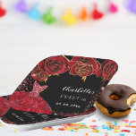 Sweet 16 black red dress flowers paper plates<br><div class="desc">For a Sweet 16,  16th birthday party.  A black background with red faux gold glitter,  sparkles,  a red dress and red roses,  florals.  The name is written with a modern hand lettered style script.  Personalize and add your name and a date.</div>