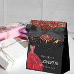 Sweet 16 black red dress flowers thank you favor boxes<br><div class="desc">This elegant,  classic,  and girly favor box is a perfect gift to give at a Sweet 16,  16th birthday. A black background,  red roses and a red dress. With the text: Sweet 16 and Thank You. Personalize and add your name and date for an extra personal touch!</div>