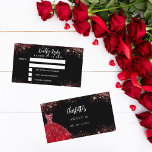 Sweet 16 black red dress response RSVP card<br><div class="desc">Front: A black background decorated with red faux glitter,  sparkles.   Personalize and add your name and dates. 
Back: a red dress and sparkles.</div>