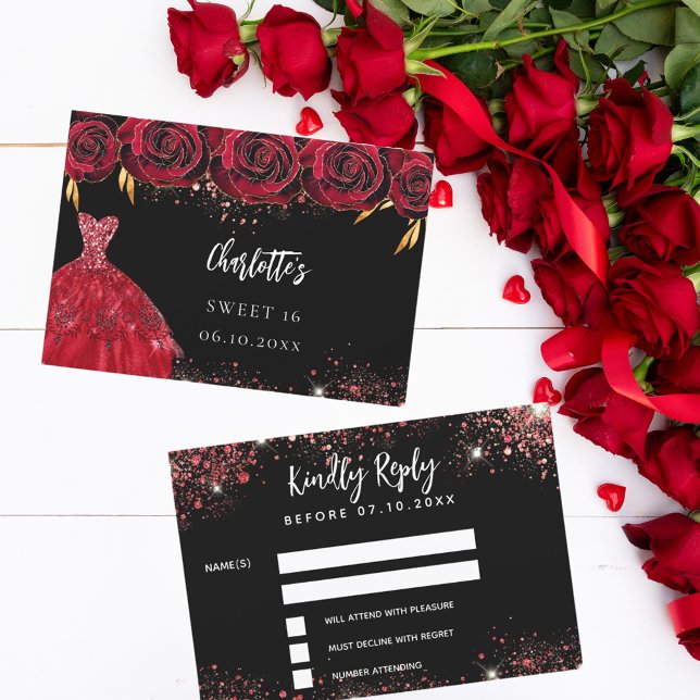 Sweet 16 black red dress response RSVP card (Creator Uploaded)