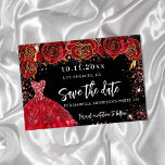 Sweet 16 black red dress save the date<br><div class="desc">A girly and trendy Save the Date for a Sweet 16,  16th birthday party. A black background decorated red roses,  red faux glitter sparkles and a red dress. Personalize and add a date and name/age. The text: Save the Date is written with a large trendy hand lettered style script.</div>