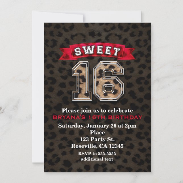 Sweet 16 Black & Red Sports Leopard Print Party Invitation (Front)
