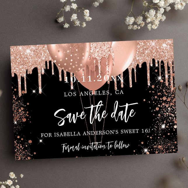  Sweet 16 black rose gold balloons glitter Save The Date (Creator Uploaded)